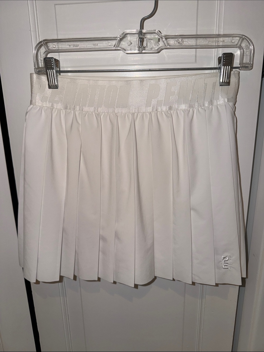 P.E Nation White Pleated Mini Skirt with Logo Waistband